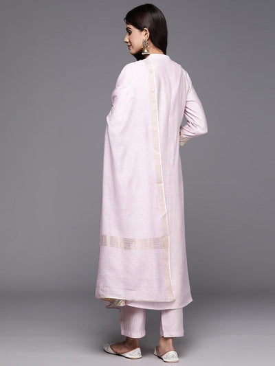 Pink Yoke Design Silk Blend A-Line Kurta With Trousers & Dupatta - Libas