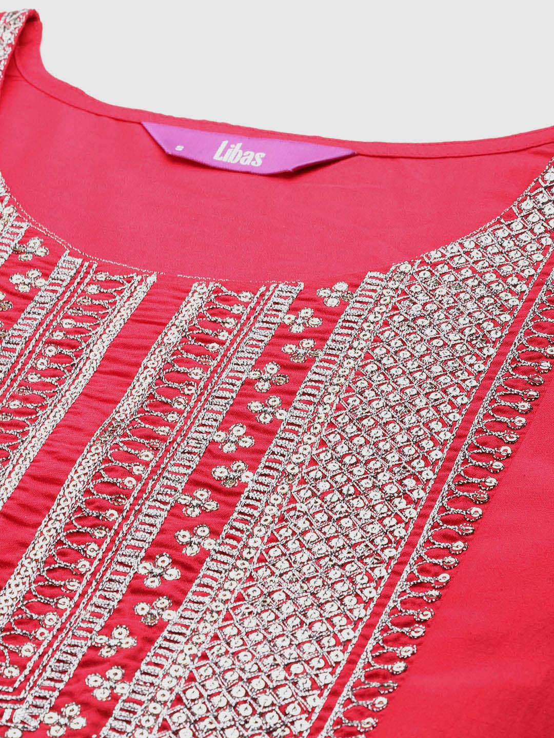 Pink Yoke Design Silk Blend A-Line Kurta With Trousers & Dupatta
