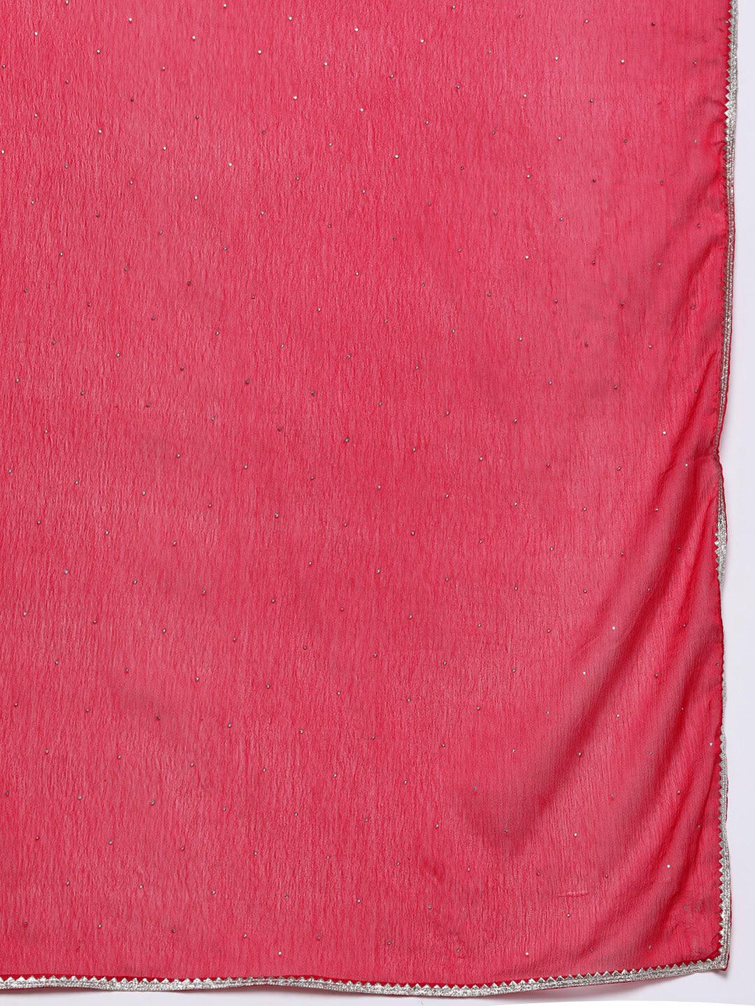 Pink Yoke Design Silk Blend A-Line Kurta With Trousers & Dupatta