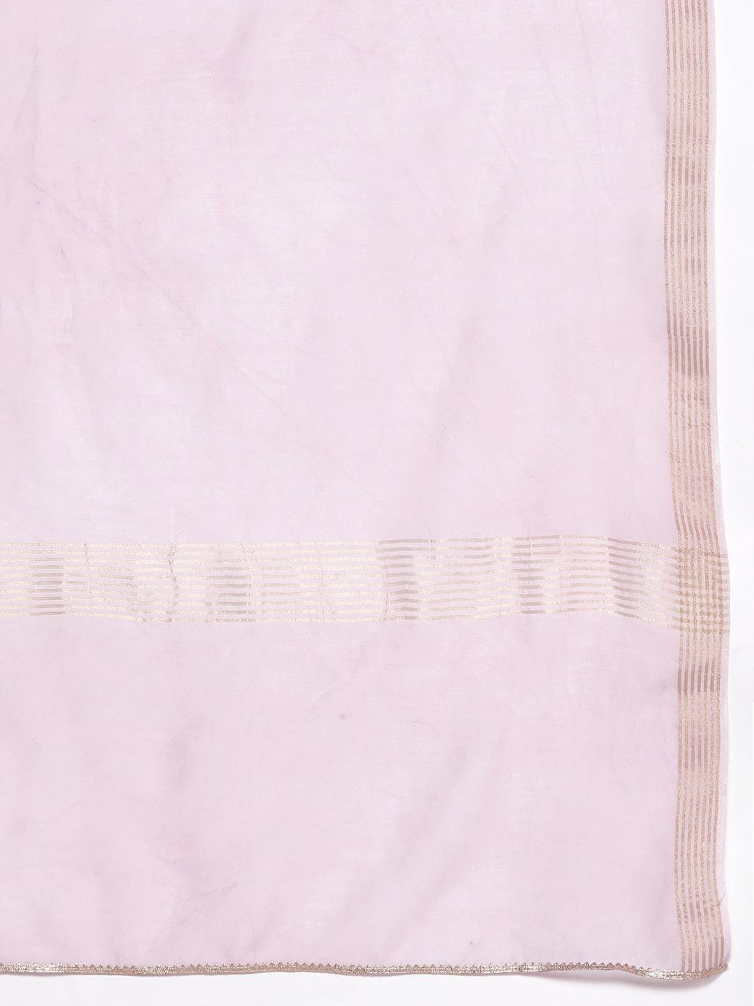 Pink Yoke Design Silk Blend A-Line Kurta With Trousers & Dupatta - Libas