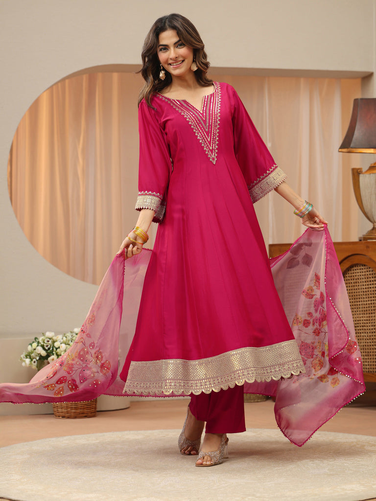 Libas Pink Yoke Design Silk Blend Anarkali Suit Set