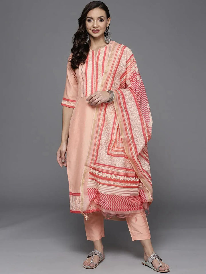 Pink Yoke Design Silk Blend Straight Suit Set - Libas