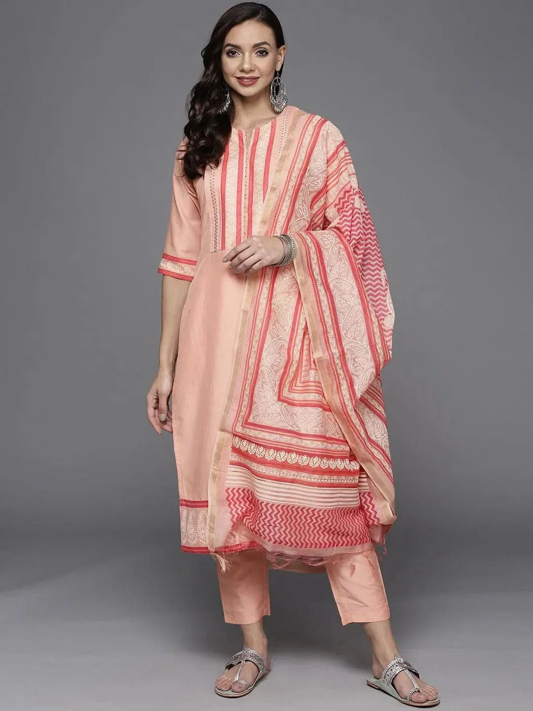 

Pink Yoke Design Silk Blend Straight Kurta With Dupatta