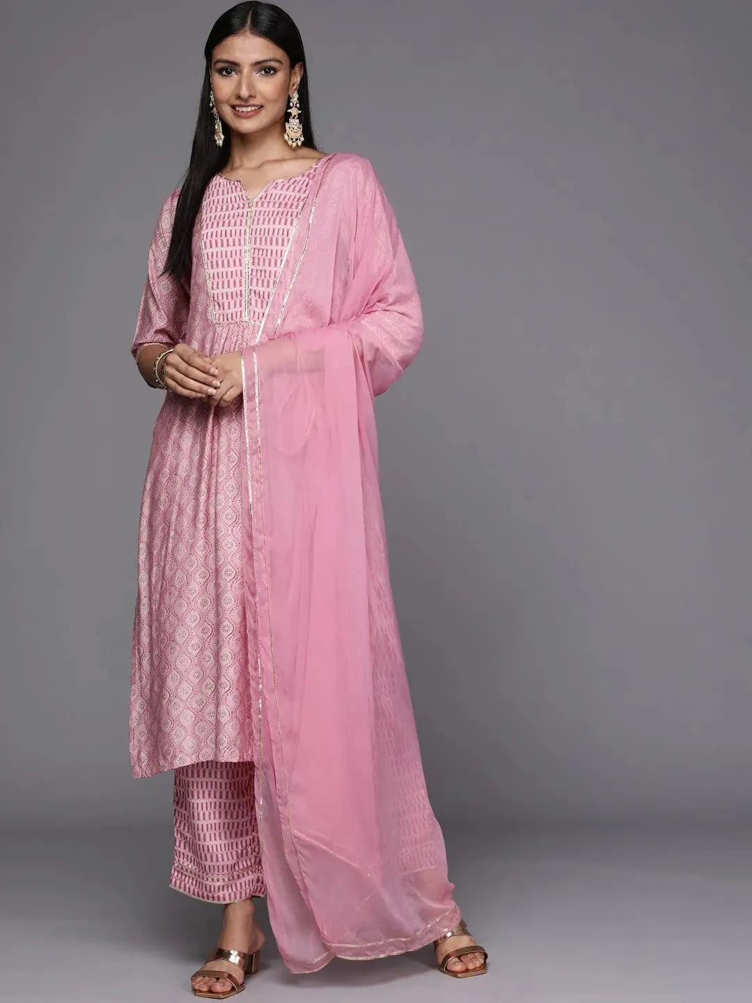 Pink Yoke Design Silk Blend Straight Suit Set - Libas