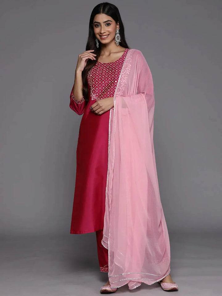 Pink Yoke Design Silk Blend Suit Set With Trousers - Libas