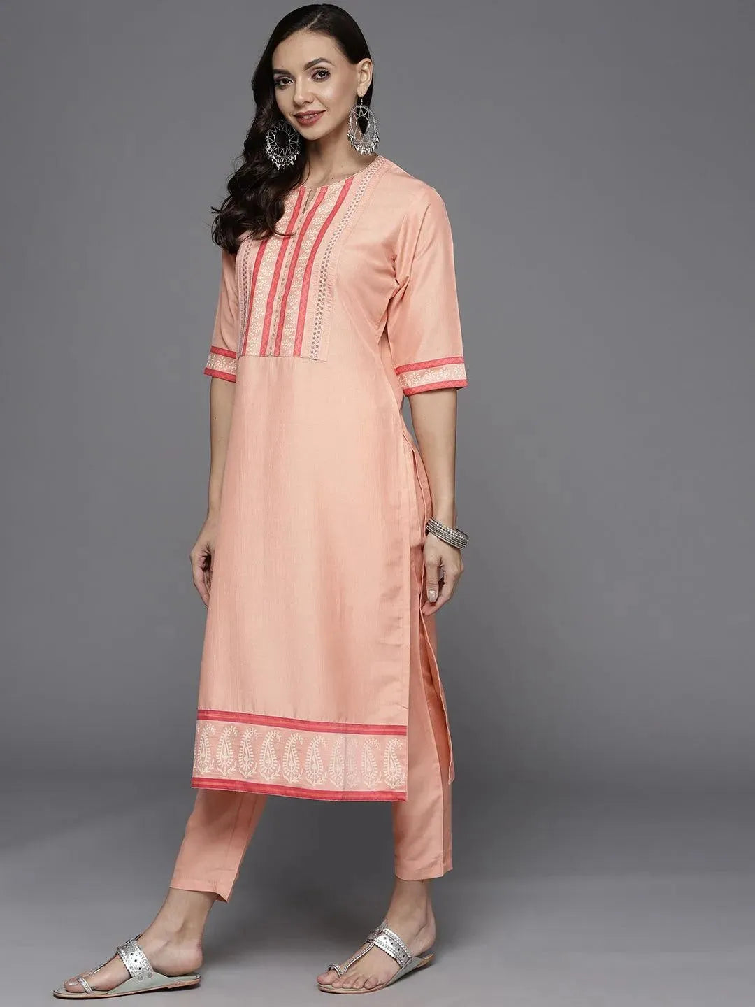 Pink Yoke Design Silk Blend Straight Suit Set - Libas 