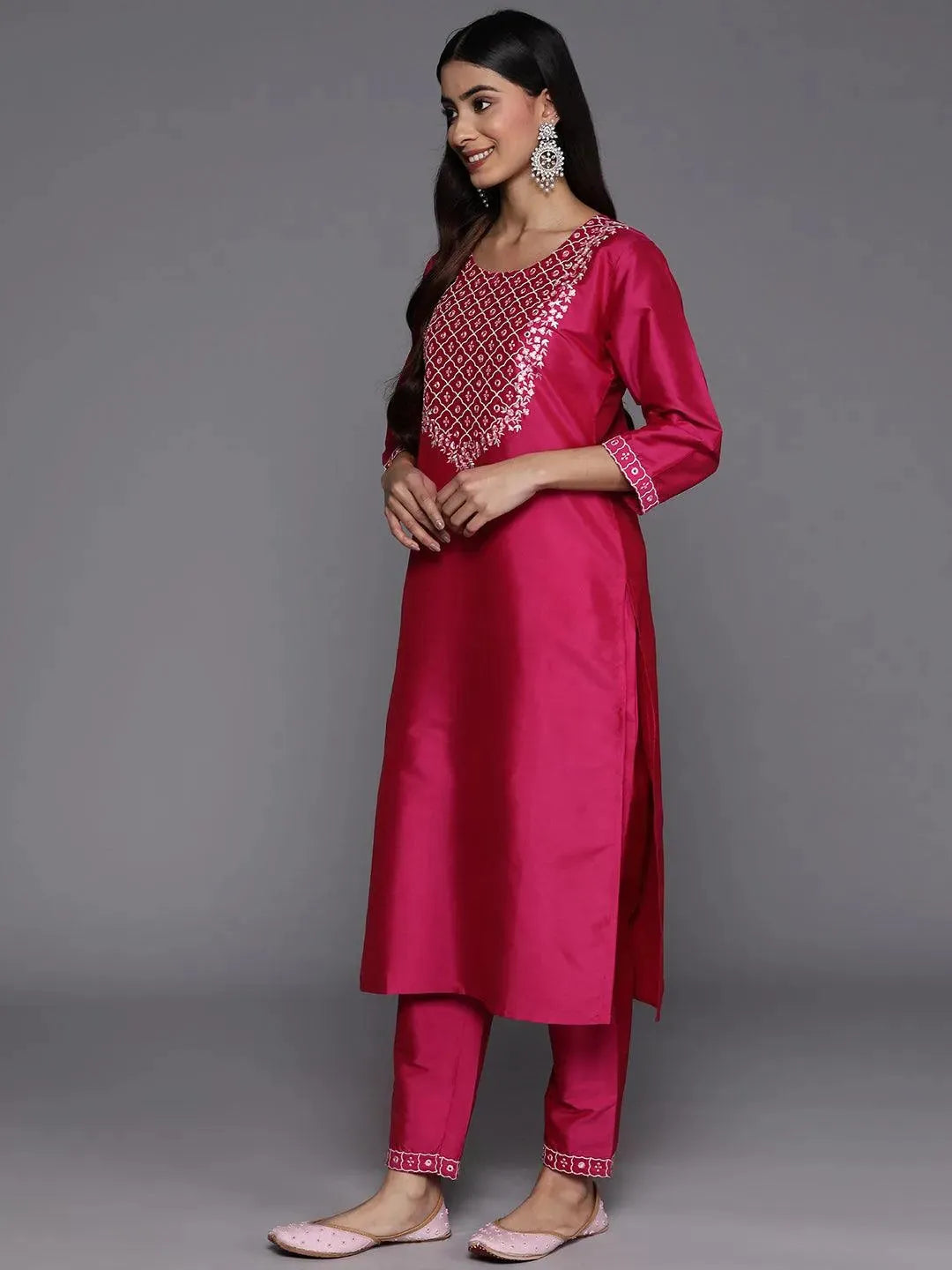 Pink Yoke Design Silk Blend Suit Set With Trousers - Libas 