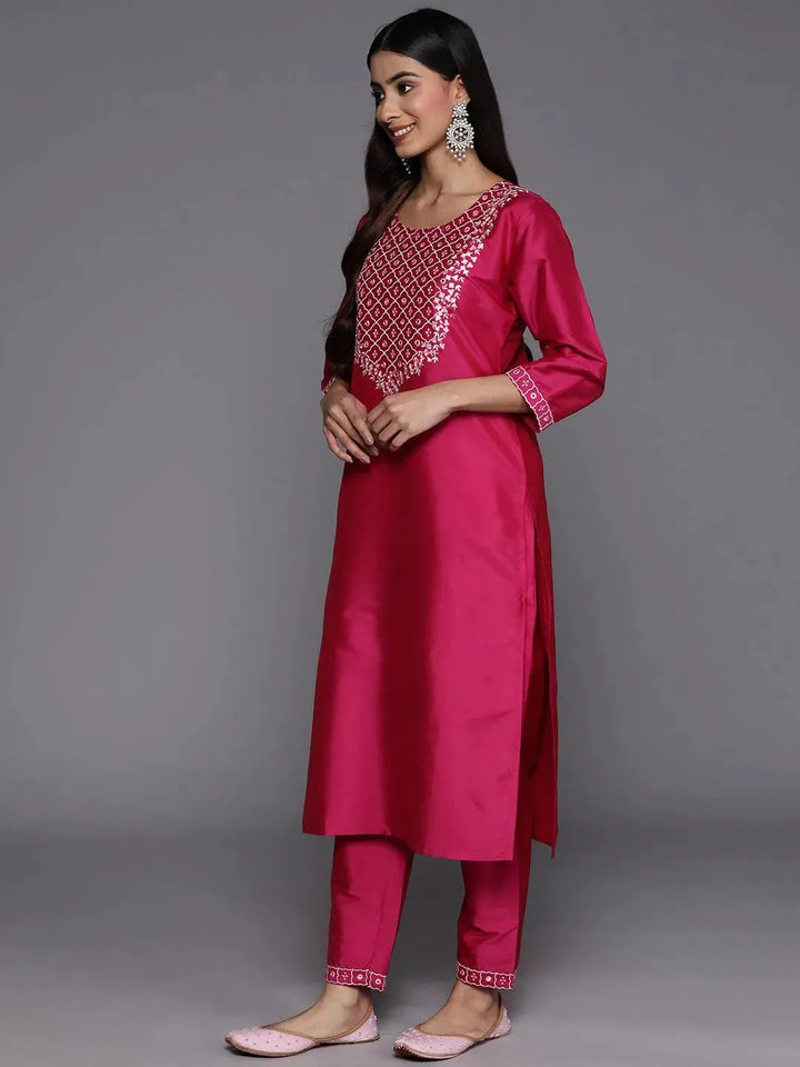 Pink Yoke Design Silk Blend Suit Set With Trousers - Libas
