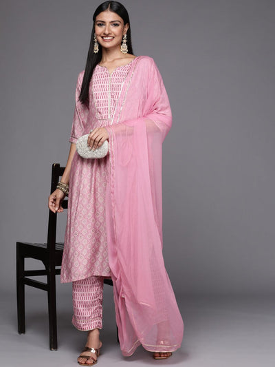 Pink Yoke Design Silk Blend Straight Suit Set - Libas