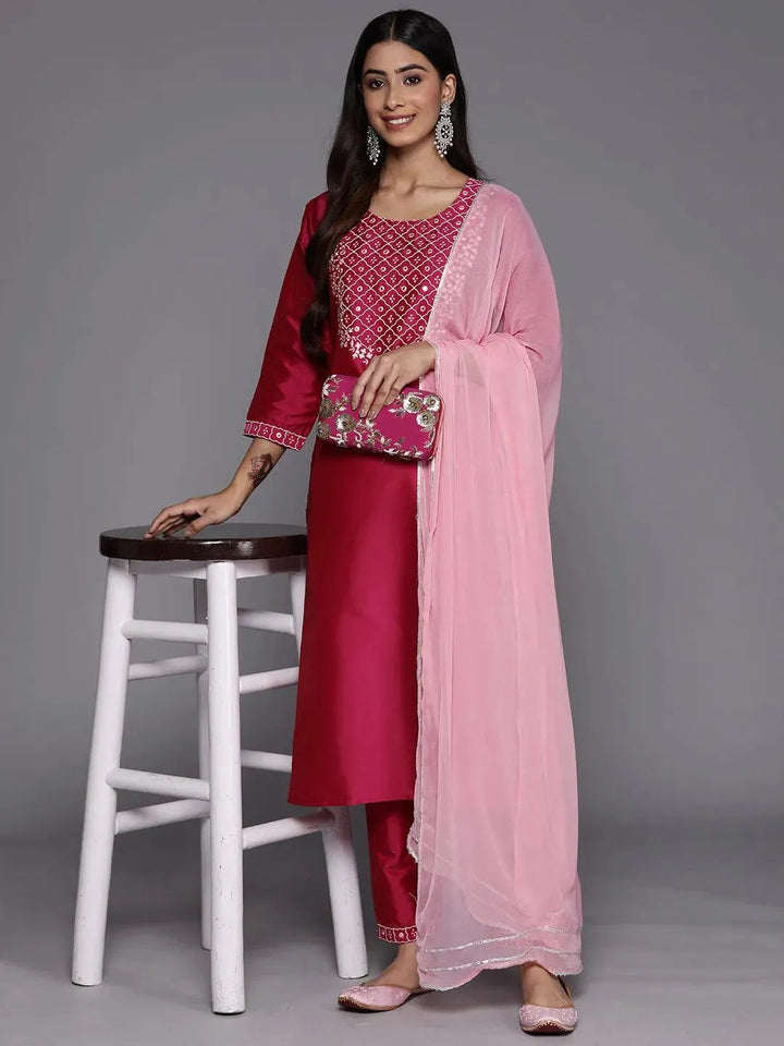 Pink Yoke Design Silk Blend Suit Set With Trousers - Libas