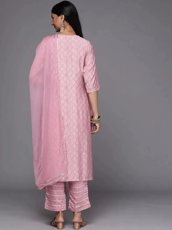 Pink Yoke Design Silk Blend Straight Suit Set - Libas