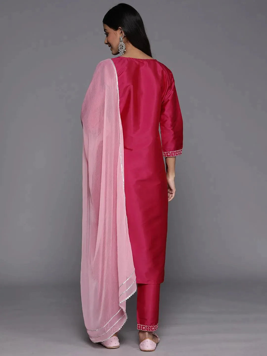 Pink Yoke Design Silk Blend Suit Set With Trousers - Libas 