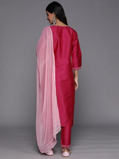 Pink Yoke Design Silk Blend Suit Set With Trousers - Libas