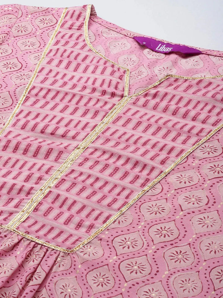 Pink Yoke Design Silk Blend Straight Suit Set - Libas