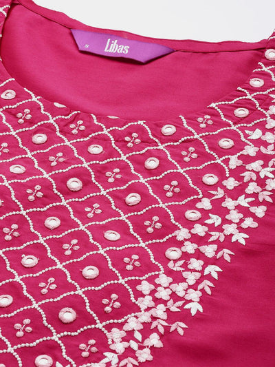 Pink Yoke Design Silk Blend Suit Set With Trousers - Libas