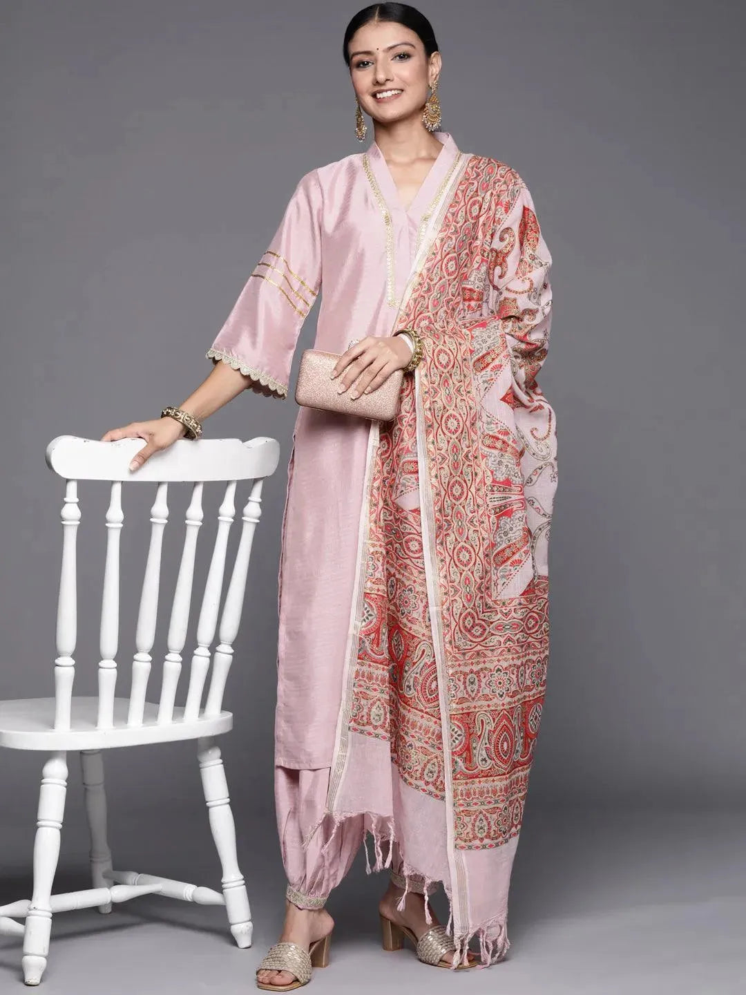 Pink Yoke Design Silk Blend Straight Suit Set - Libas