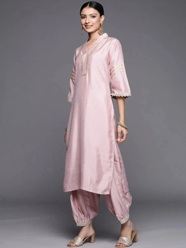 Pink Yoke Design Silk Blend Straight Suit Set - Libas