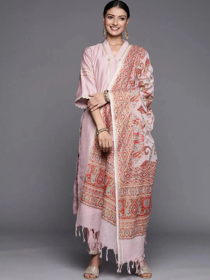 Pink Yoke Design Silk Blend Straight Suit Set - Libas