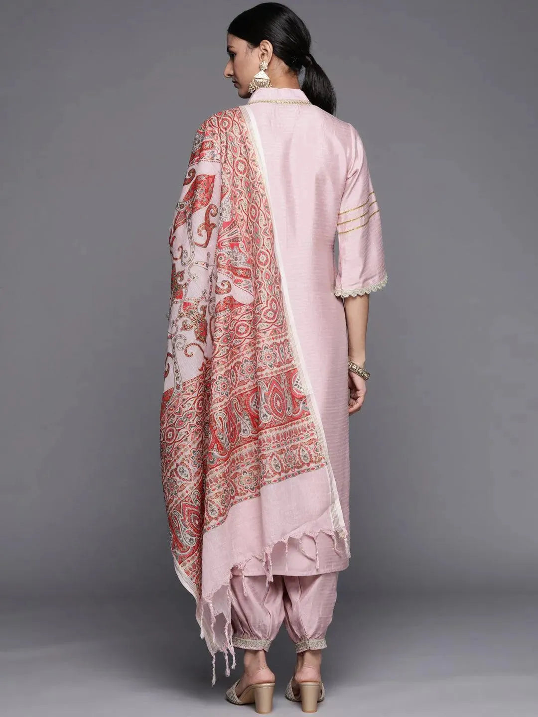 Pink Yoke Design Silk Blend Straight Suit Set - Libas 