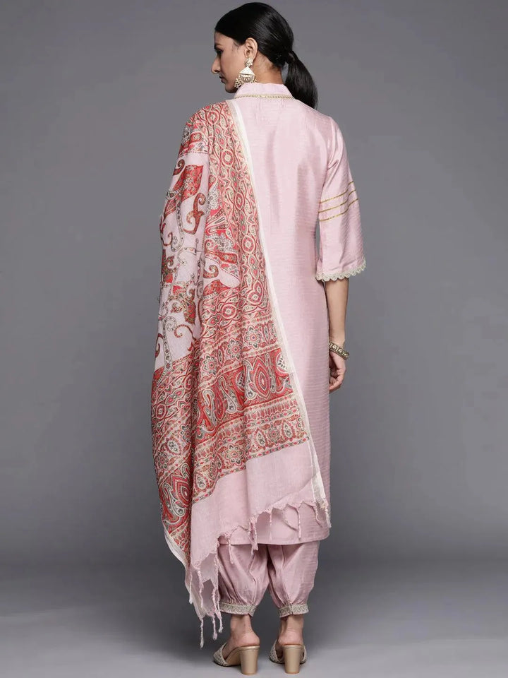 Pink Yoke Design Silk Blend Straight Suit Set - Libas