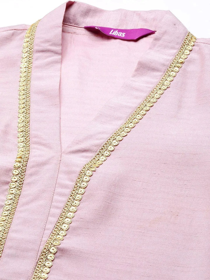 Pink Yoke Design Silk Blend Straight Suit Set - Libas
