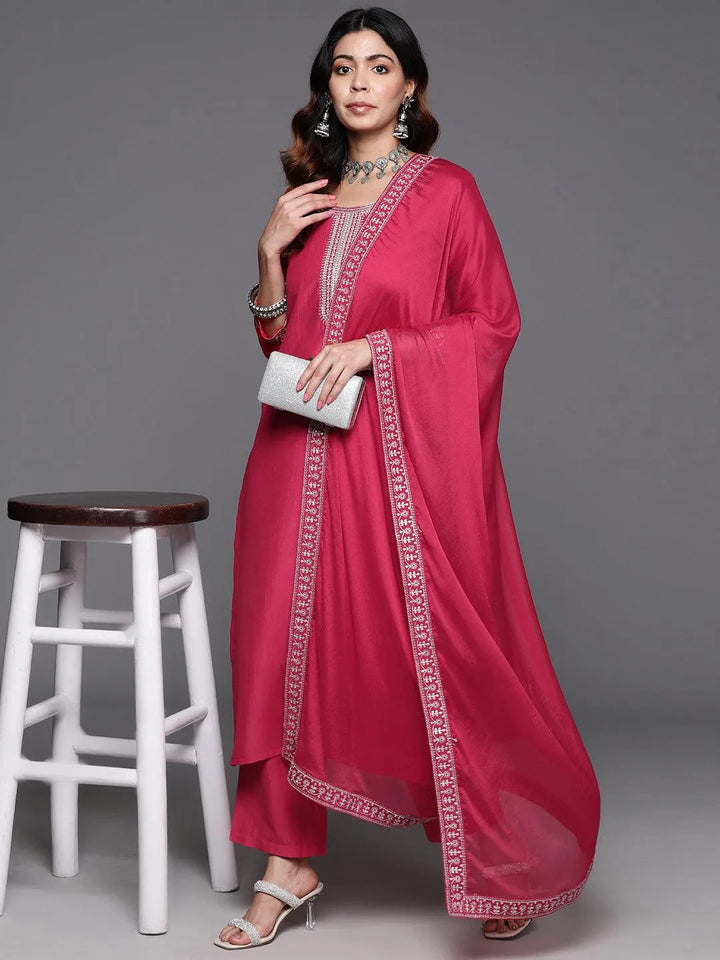 Pink Yoke Design Silk Blend Straight Kurta With Trousers & Dupatta - Libas