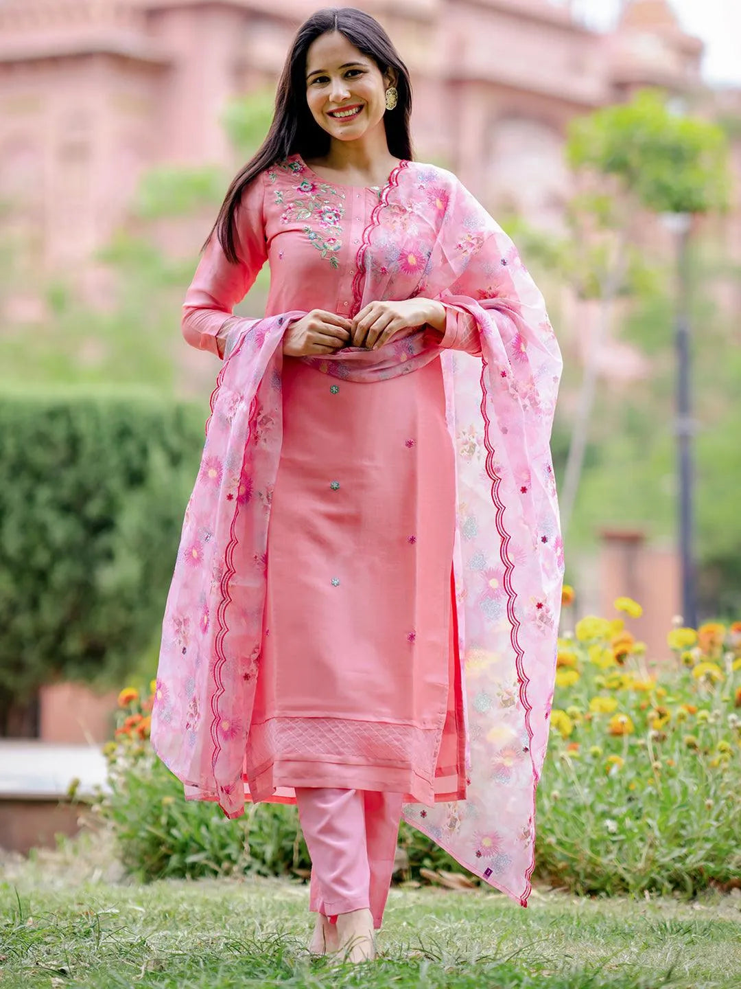 Pink Yoke Design Silk Blend Straight Kurta With Trousers & Dupatta - Libas 
