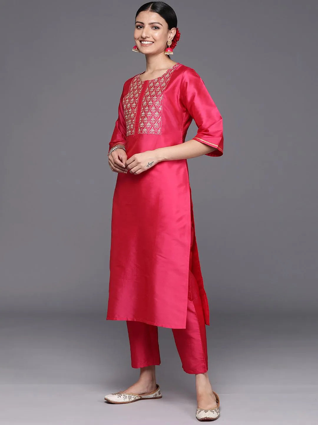 Pink Yoke Design Silk Blend Straight Kurta With Trousers & Dupatta - Libas 
