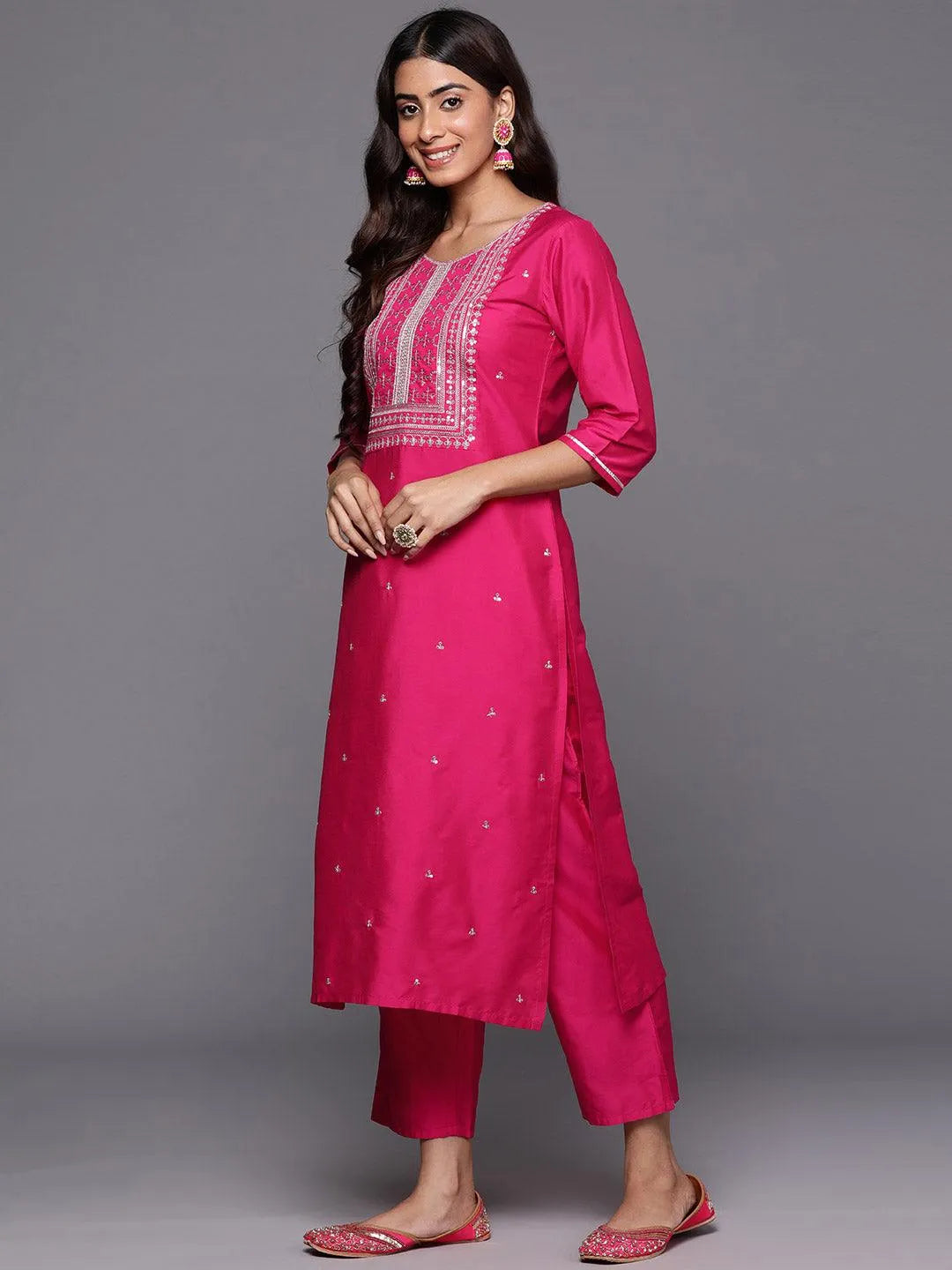 Pink Yoke Design Silk Blend Straight Kurta With Trousers & Dupatta - Libas 