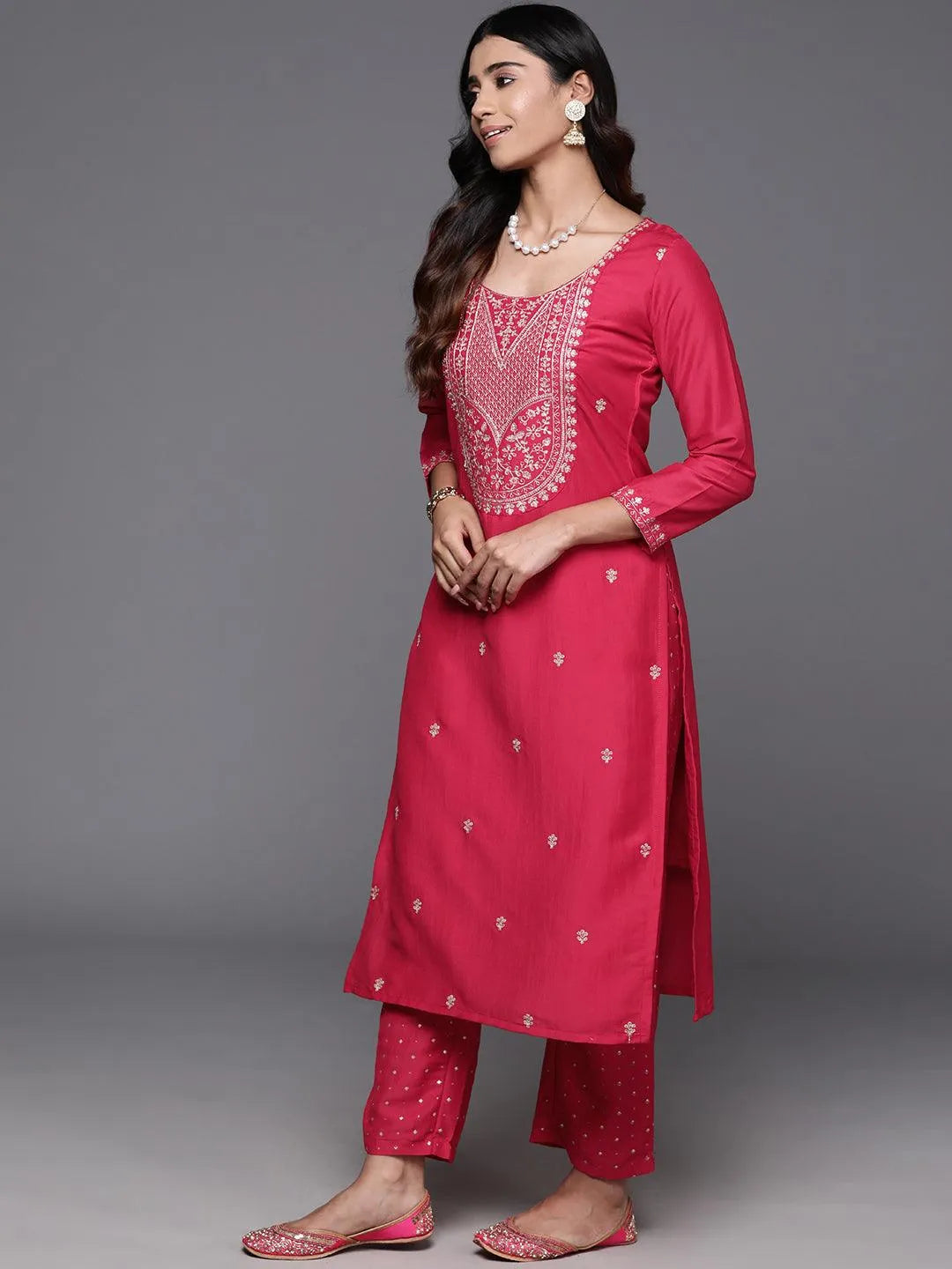Pink Yoke Design Silk Blend Straight Kurta With Trousers & Dupatta - Libas 