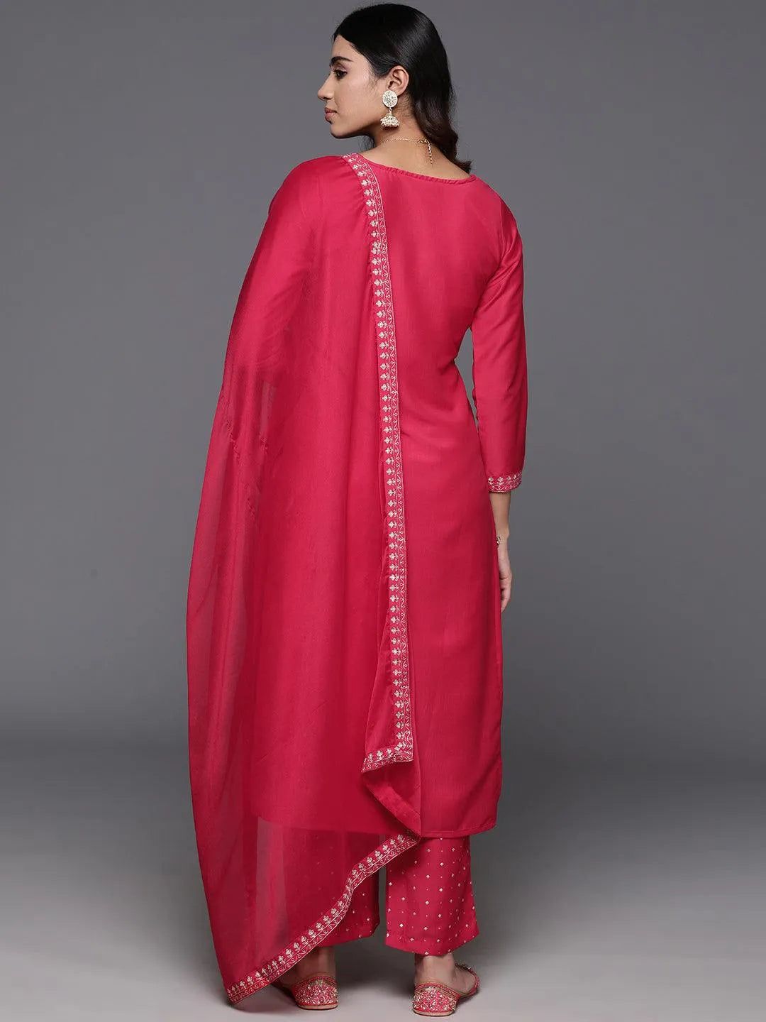 Pink Yoke Design Silk Blend Straight Kurta With Trousers & Dupatta - Libas 