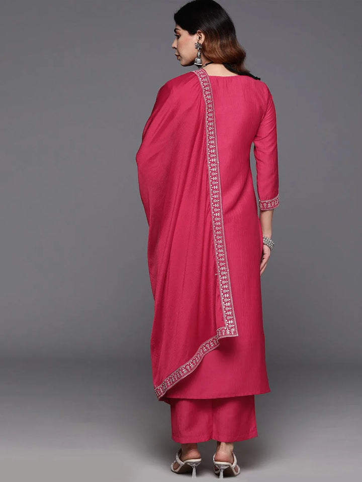 Pink Yoke Design Silk Blend Straight Kurta With Trousers & Dupatta - Libas