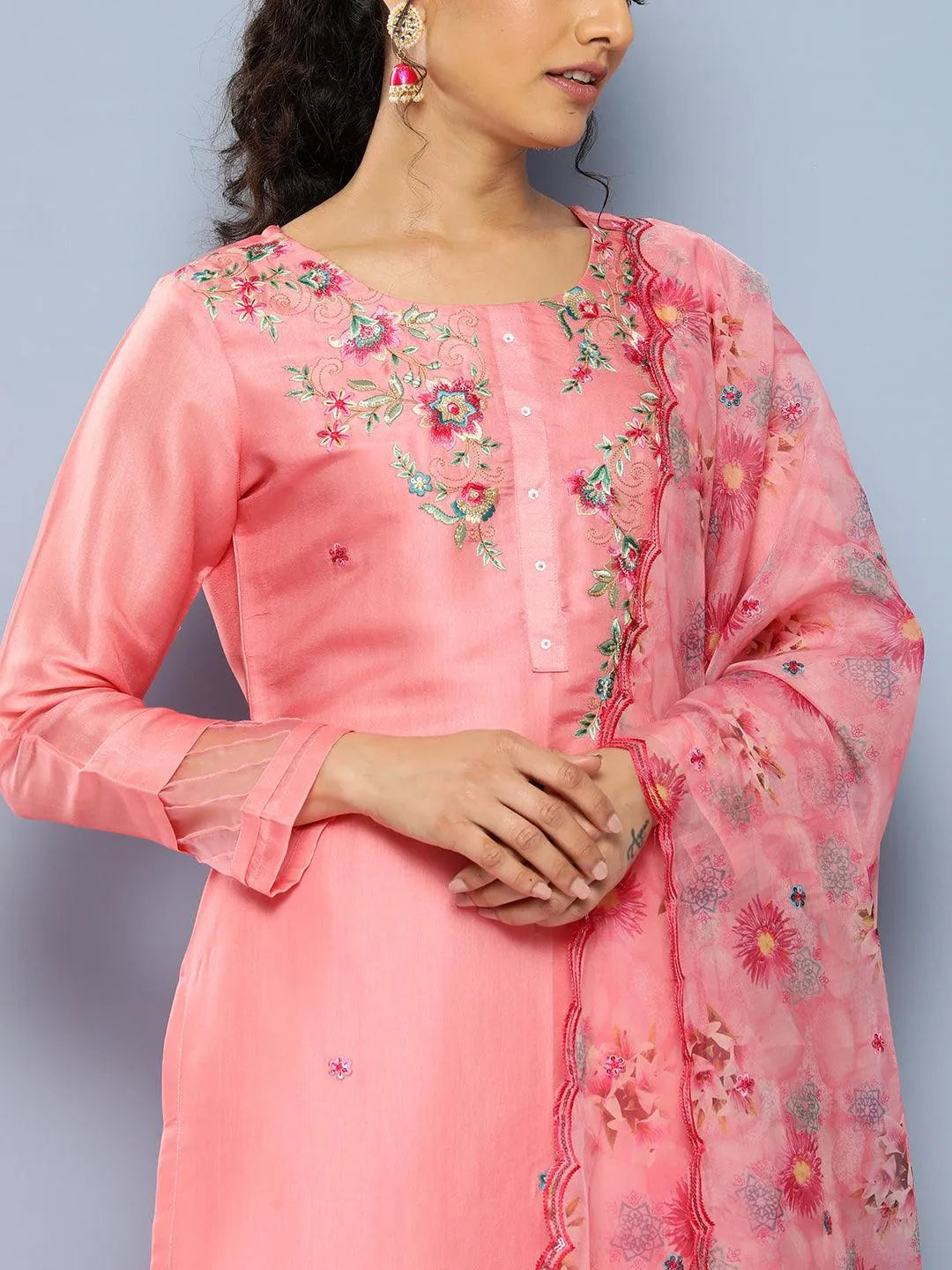 Pink Yoke Design Silk Blend Straight Suit Set With Trousers - Libas 