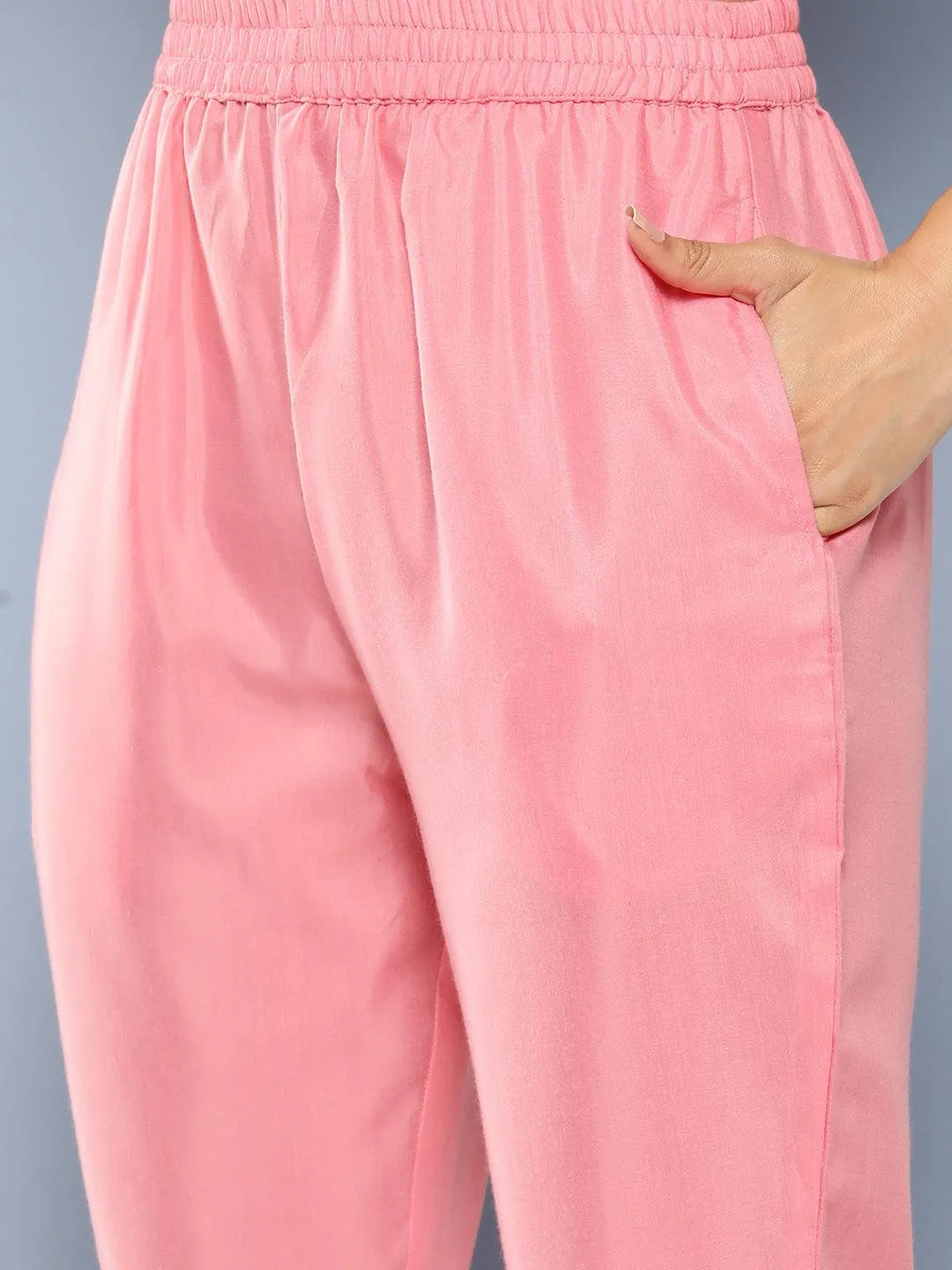 Pink Yoke Design Silk Blend Straight Suit Set With Trousers - Libas 