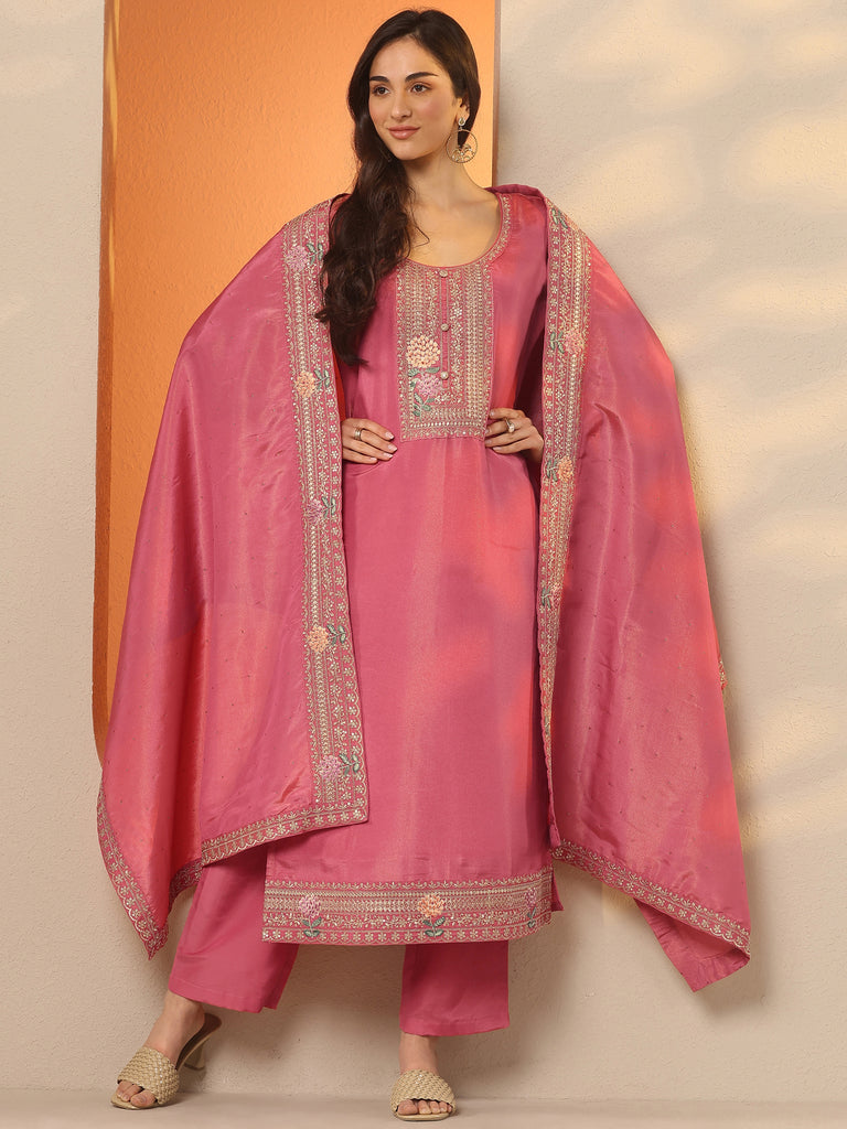 Libas Pink Yoke Design Silk Blend Straight Suit Set With Dupatta