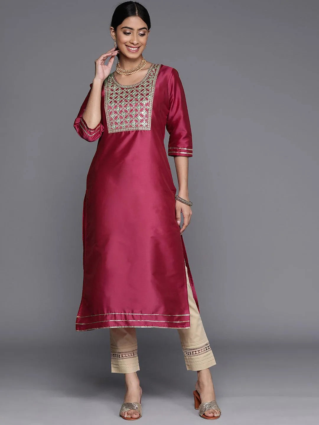 Pink Yoke Design Silk Straight Kurta - Libas 