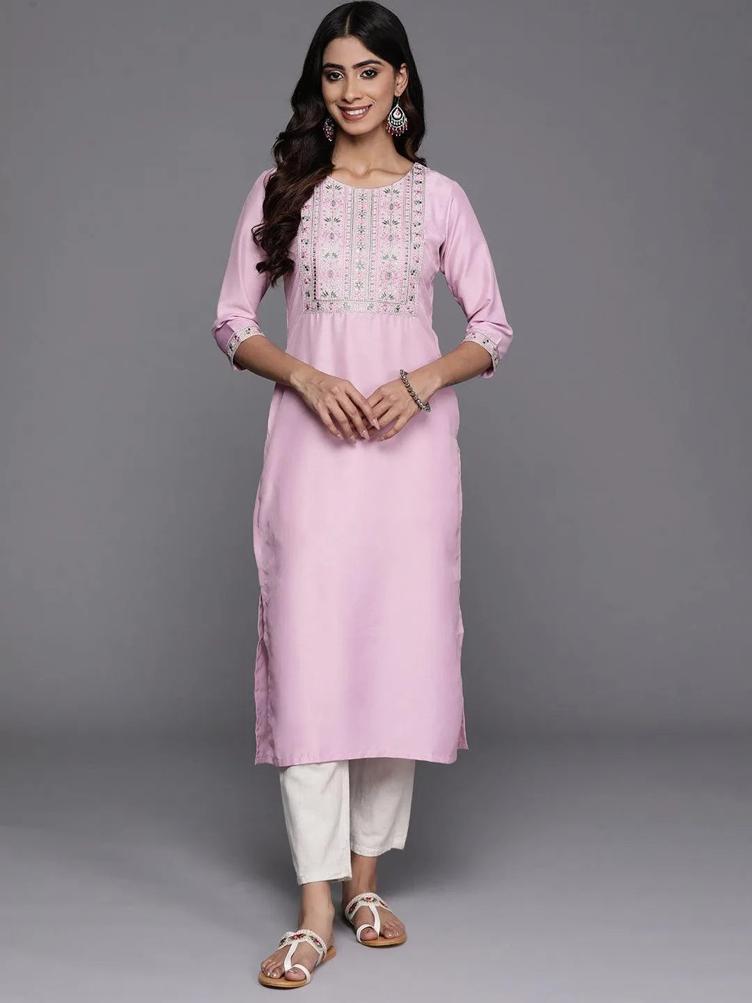 Pink Yoke Design Silk Straight Kurta - Libas 