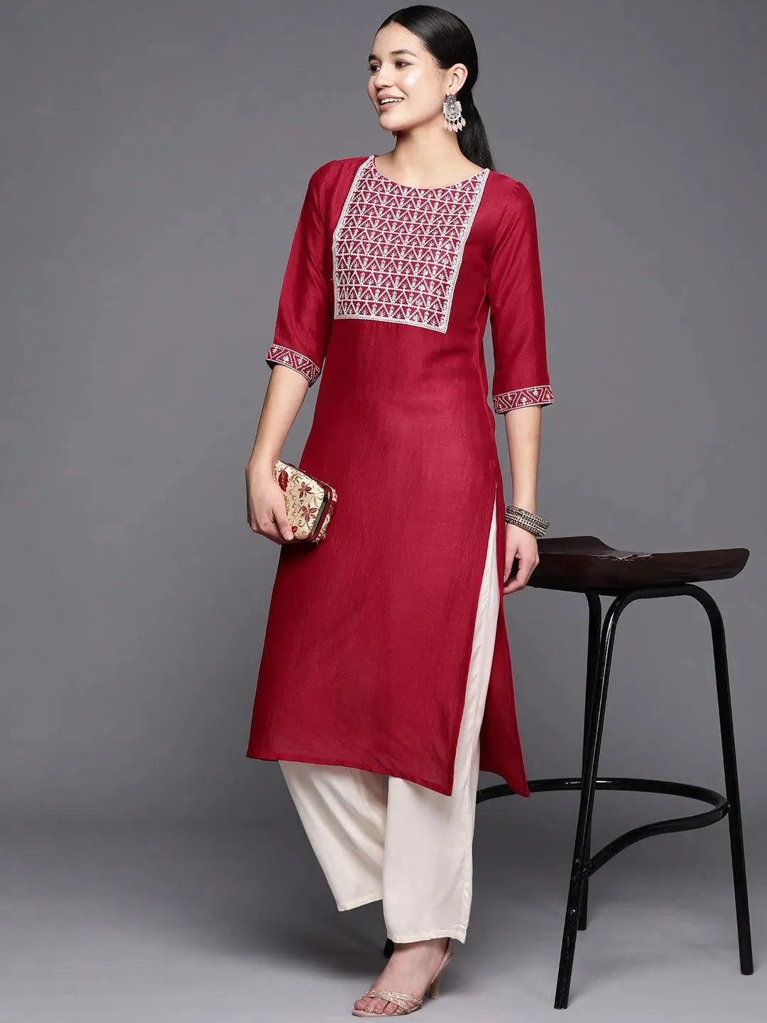 Pink Yoke Design Silk Straight Kurta - Libas