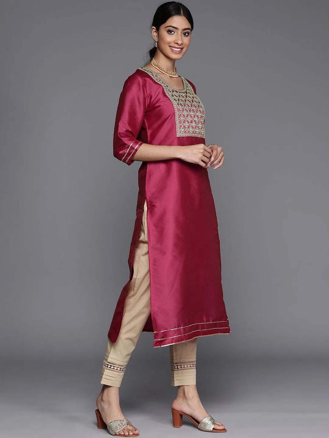 Pink Yoke Design Silk Straight Kurta - Libas 