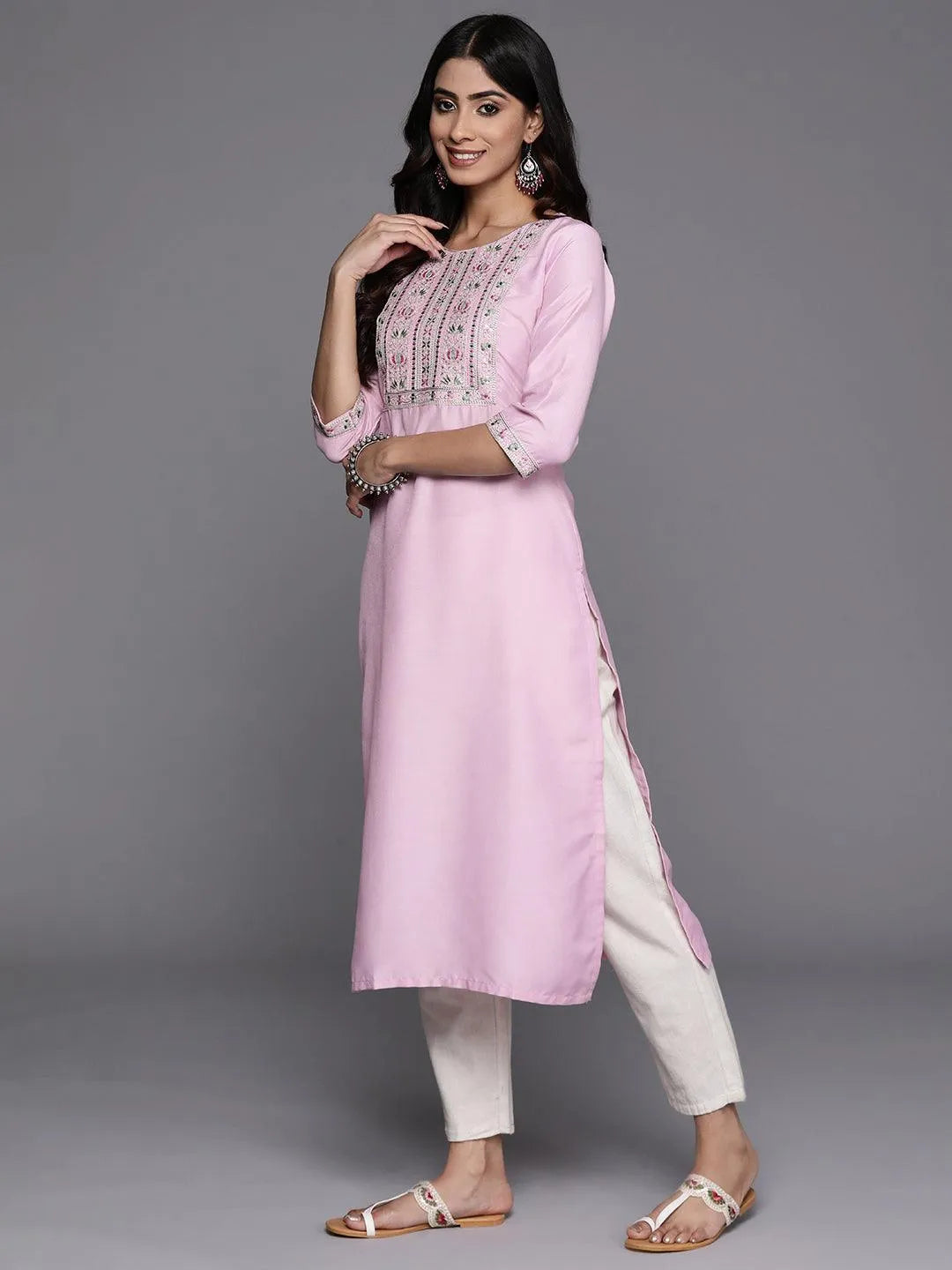 Pink Yoke Design Silk Straight Kurta - Libas 