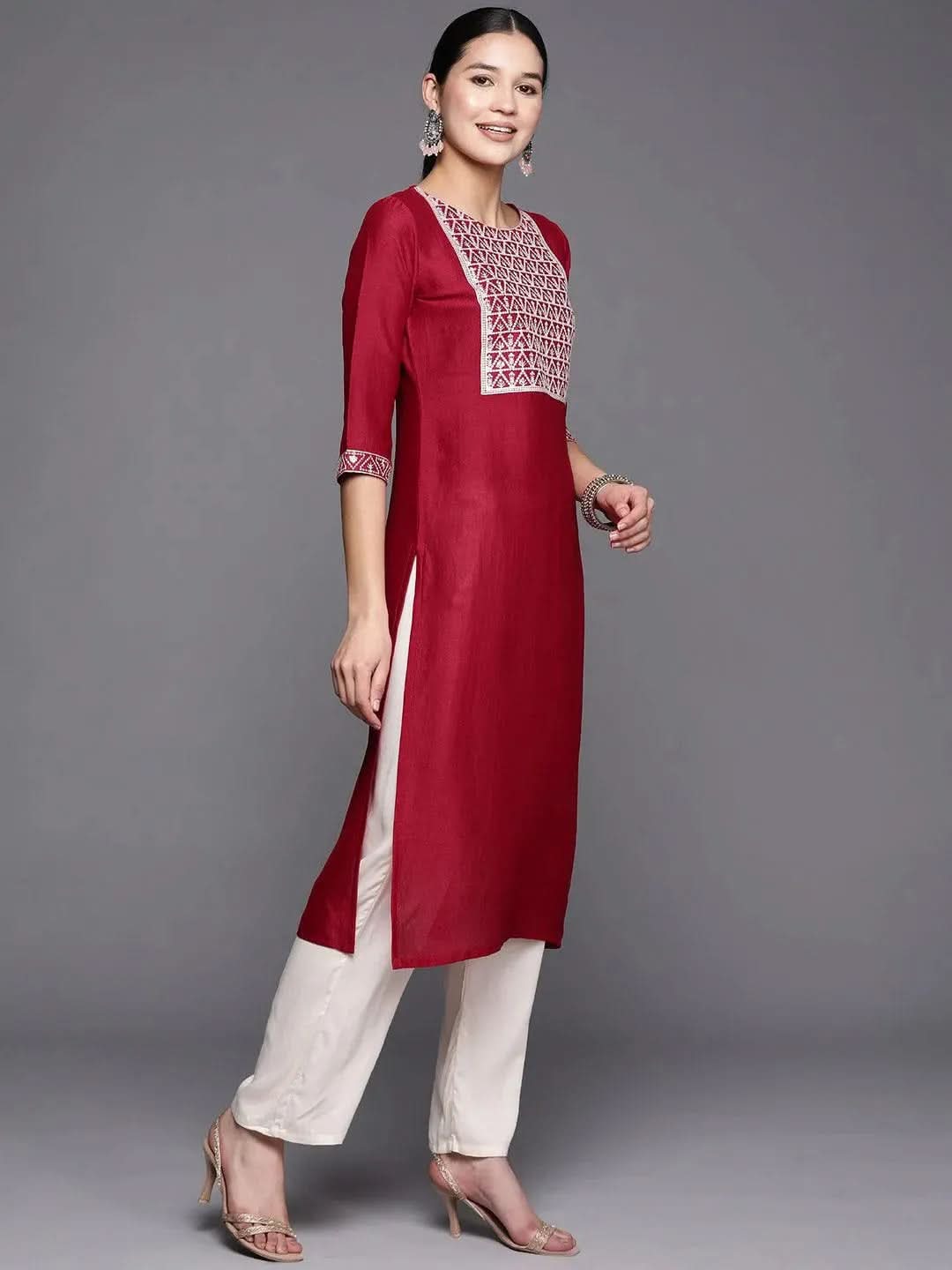 Pink Yoke Design Silk Straight Kurta - Libas 