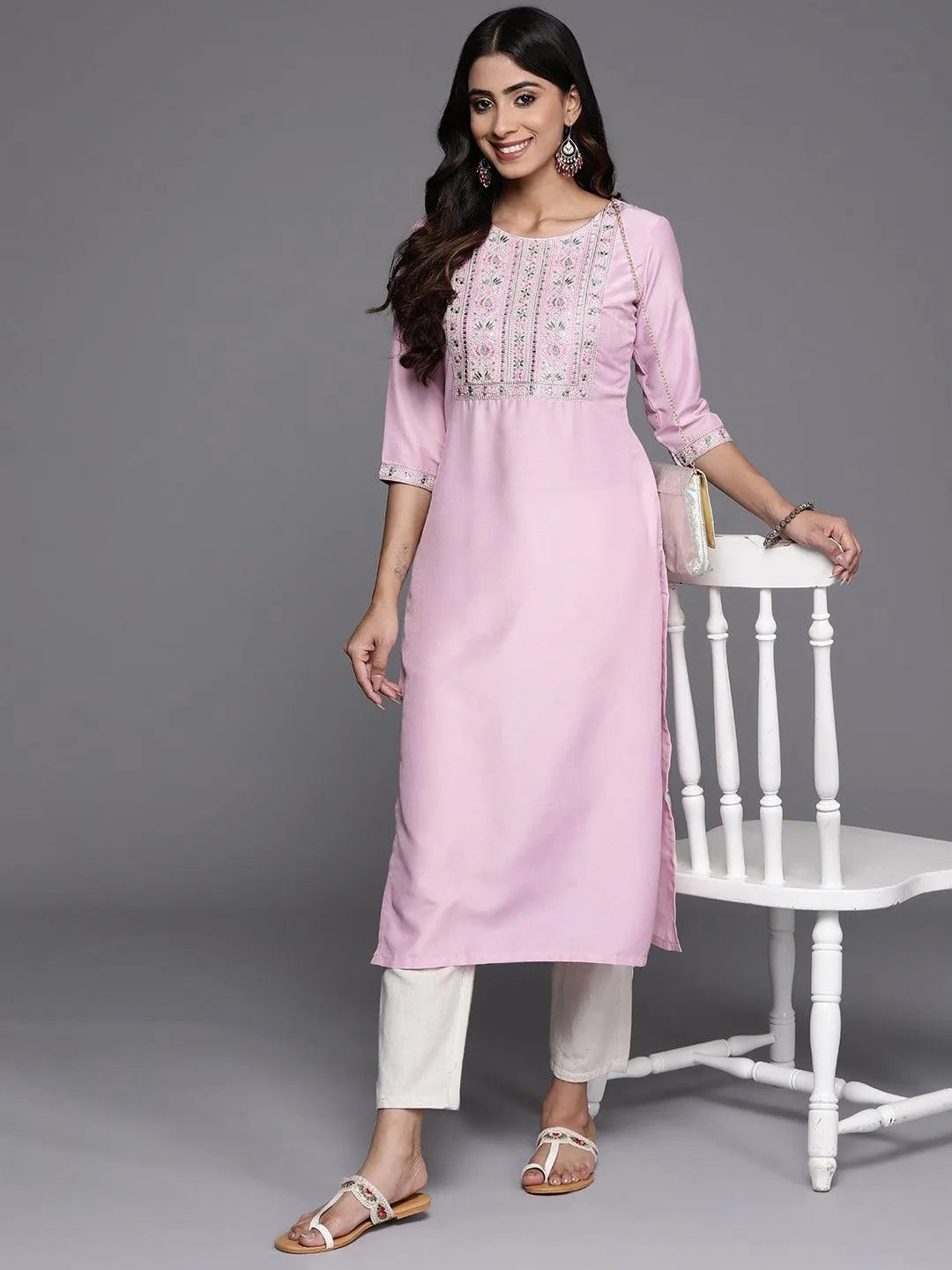 Pink Yoke Design Silk Straight Kurta - Libas 