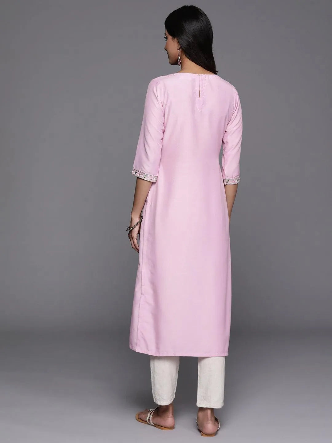 Pink Yoke Design Silk Straight Kurta - Libas 