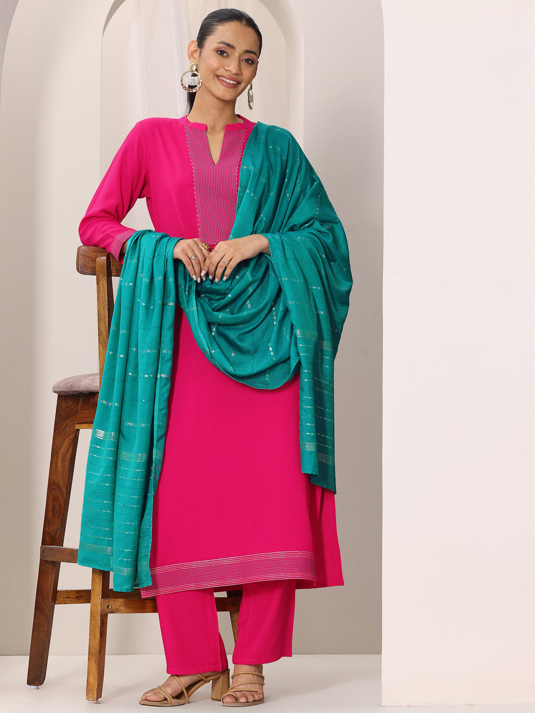 Pink Yoke Design Viscose Rayon Straight Suit Set With Dupatta 