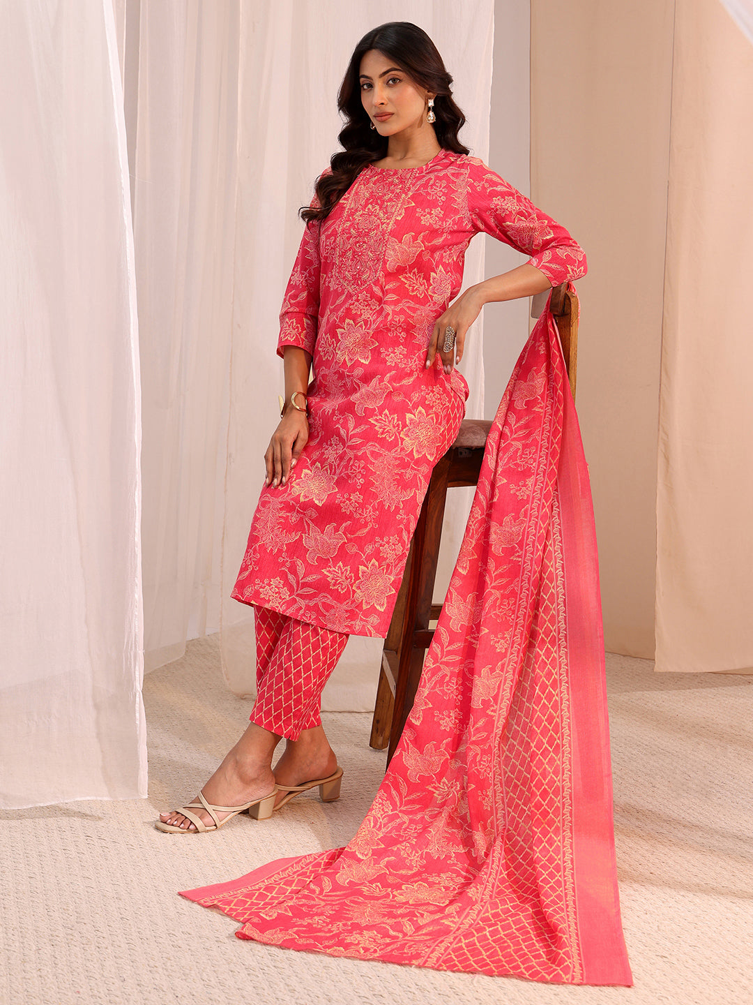 libas Pink Yoke Embellished Cotton Blend Straight Suit Set-picture-66
