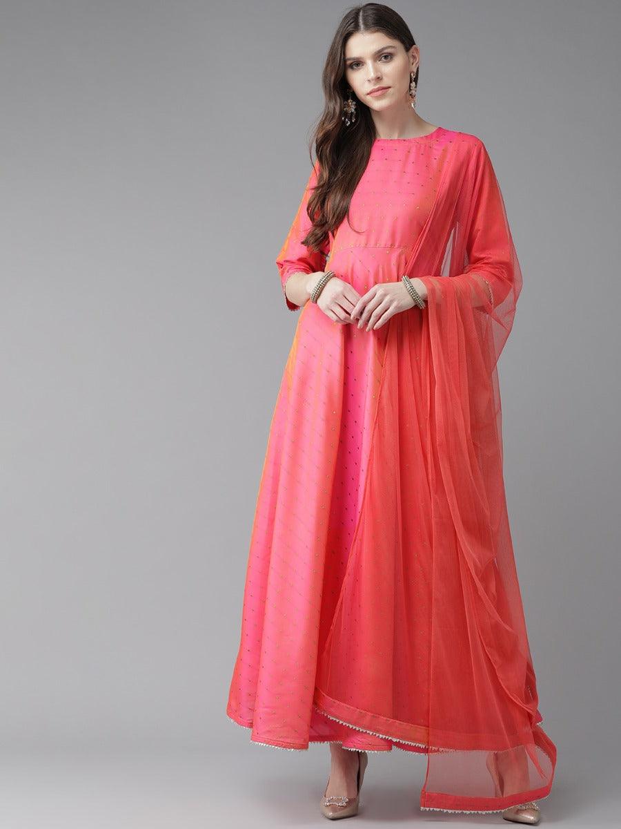 Pink Zari Work Chanderi Dress With Dupatta - Libas