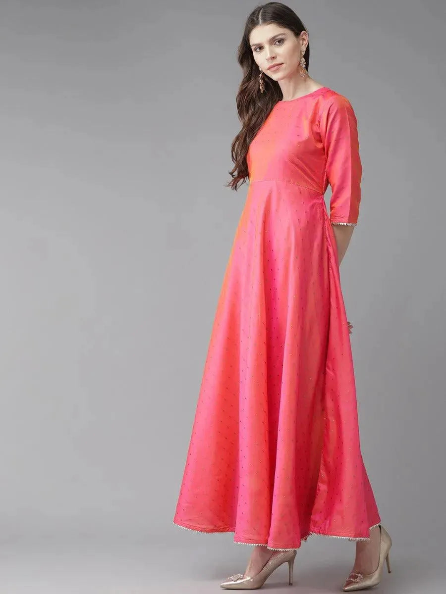 Pink Zari Work Chanderi Dress With Dupatta - Libas