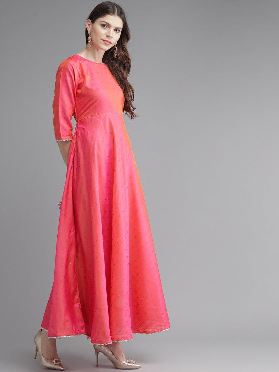 Pink Zari Work Chanderi Dress With Dupatta