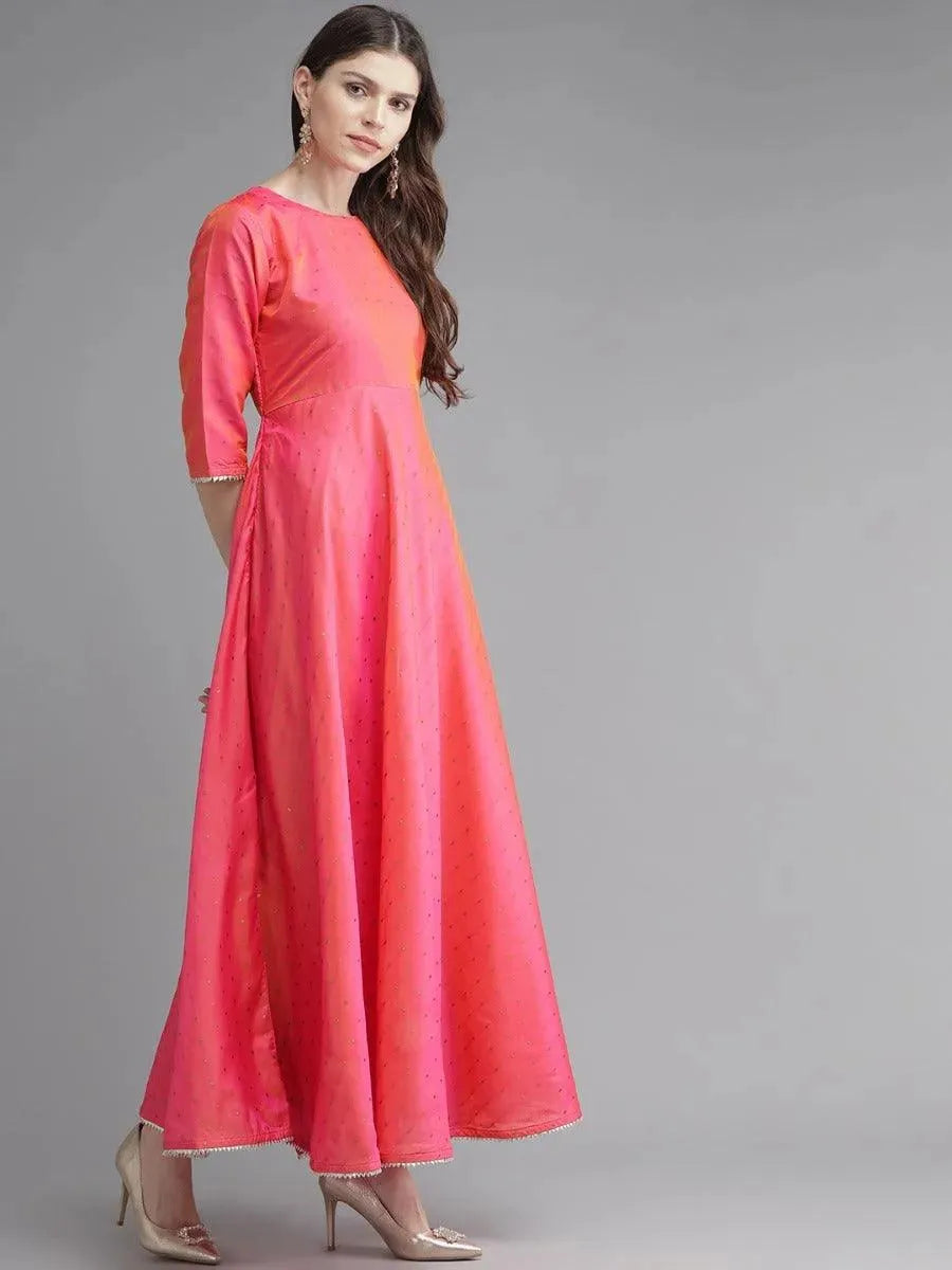 Pink Zari Work Chanderi Dress With Dupatta - Libas