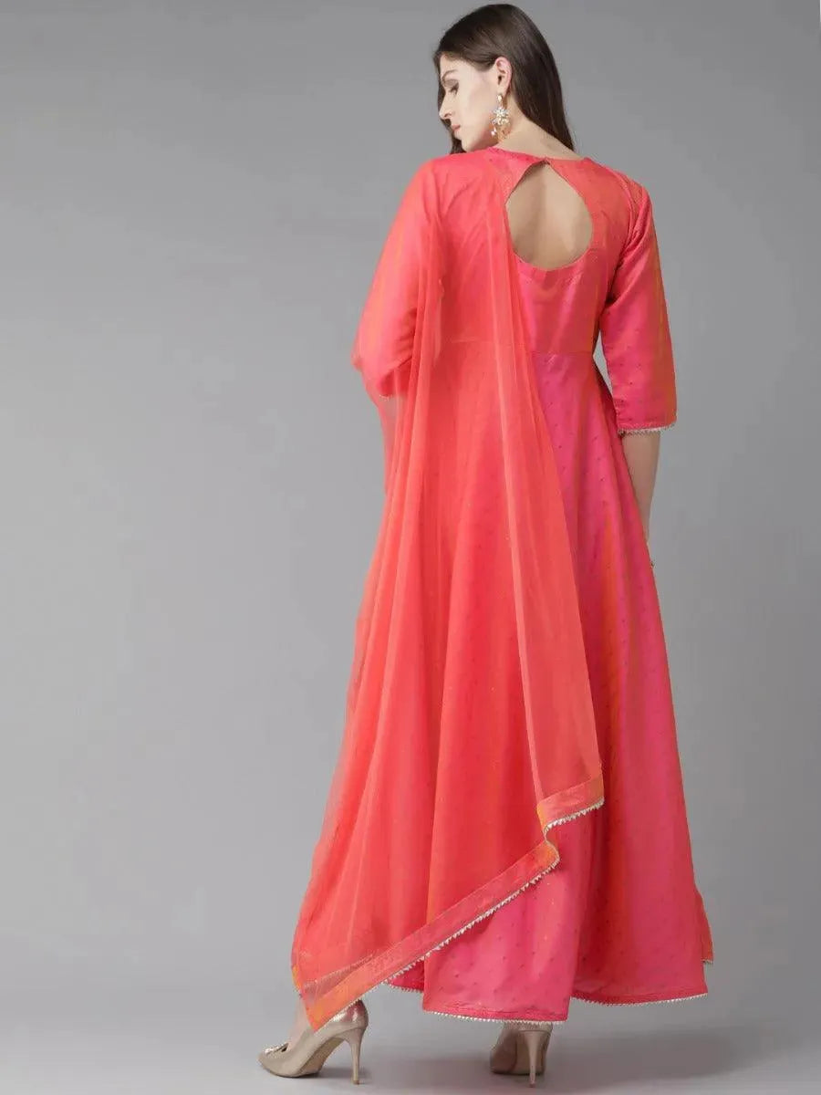 Pink Zari Work Chanderi Dress With Dupatta - Libas